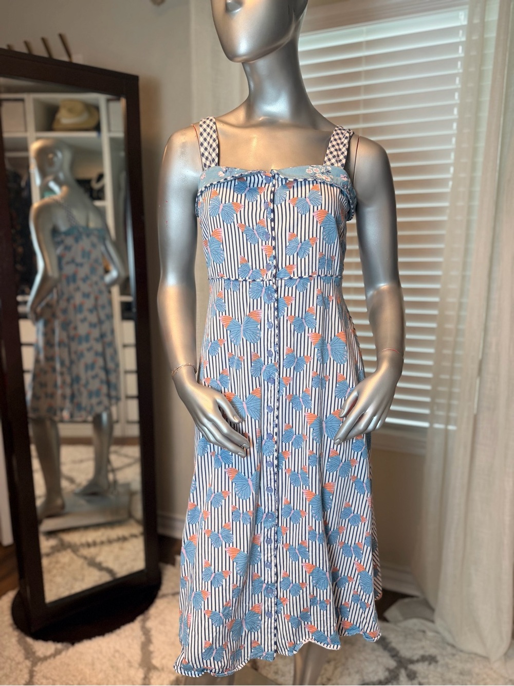 WildFlowers Medium Butterfly Print Dress Pockets Striped Button Cottagecore